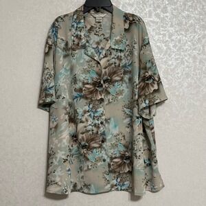 Allison Daley Beige Blue Floral Button Down‎ Blouse Short Sleeve Plus Size 24W